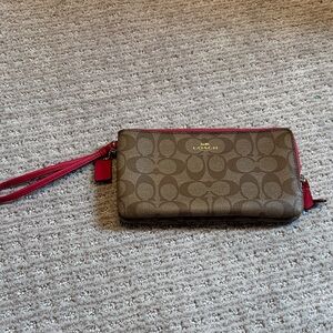 Coach Tan and Red Signature Wristlet